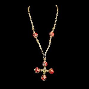 Red Glass Bead Gold-Tone Cross Statement Necklace